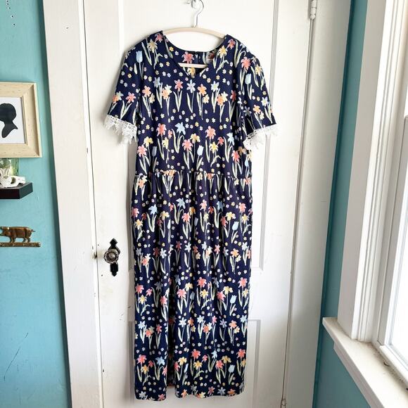 American Vintage Dresses & Skirts - VTG Talbots Floral Maxi Dress Lace Sleeve Detail Tulip Print Navy Short Sleeve L